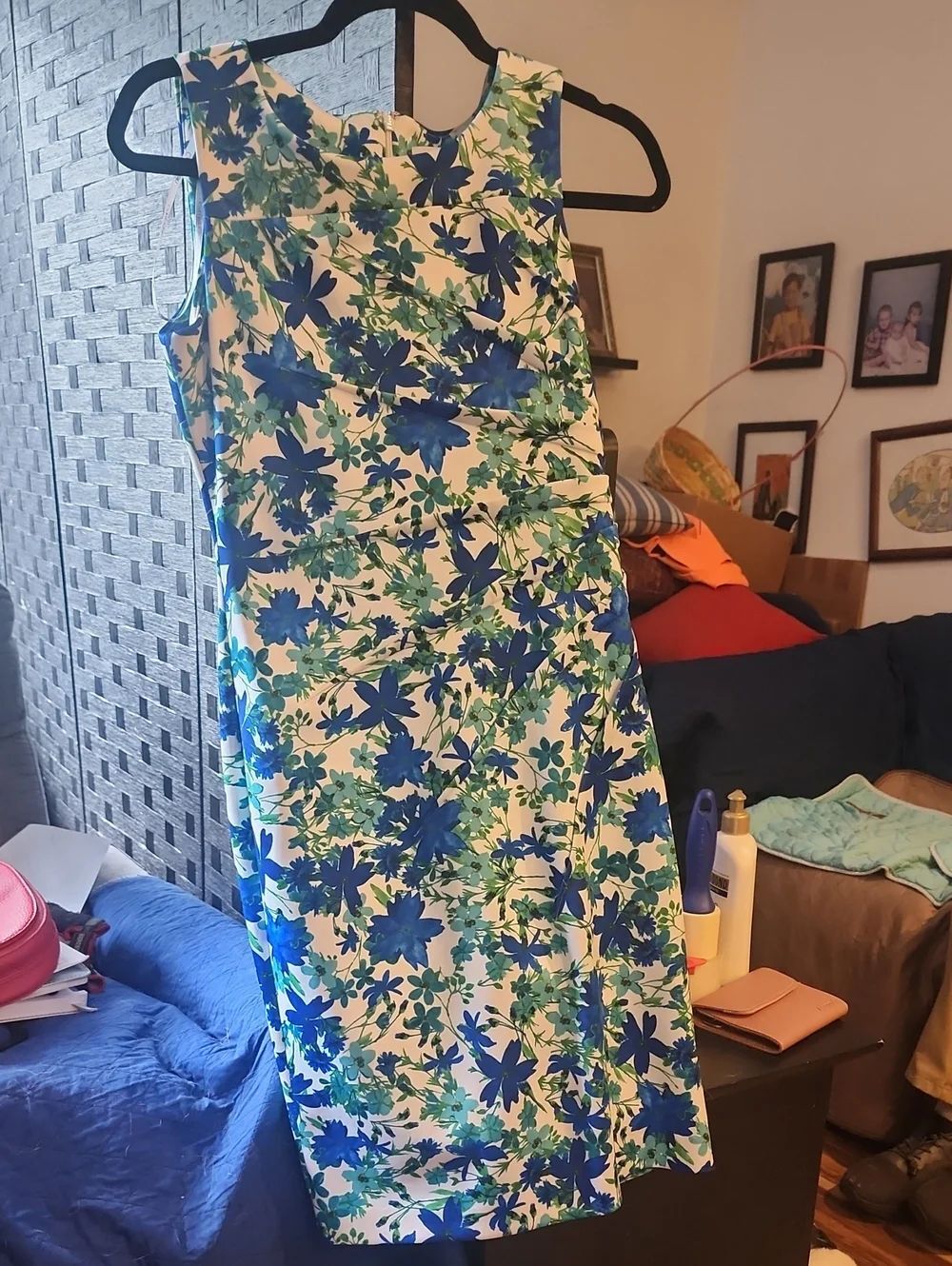 Sleeveless Blue & Green Floral Sheath Dress - Women